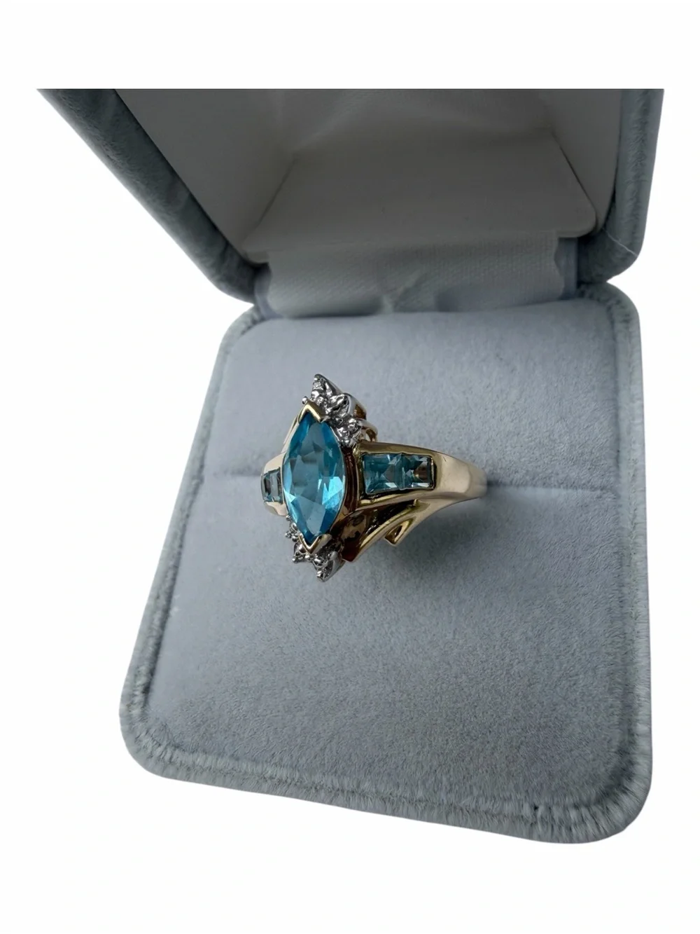 Gold 10K Ring with Marquise Blue Topaz Stone and Diamond Accents Ring Size 7